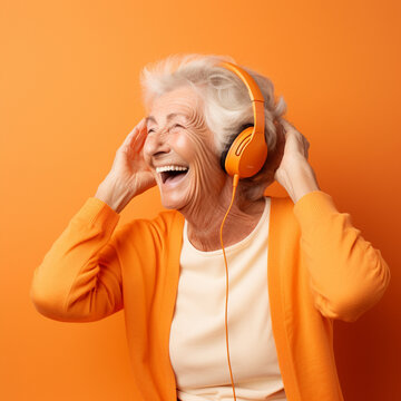 Happy Senior Woman Listening To Music. Generative AI.