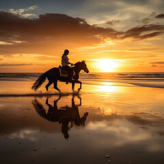 Riding a horse on the beach at sunset. Generative AI.