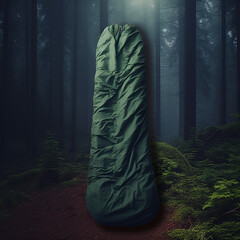 Sleeping bag in the forest. Generative AI.