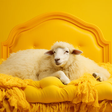 Sheep in a bed. Concept of counting sheep to sleep. Insmnia. Generative AI.
