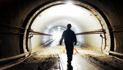 Underground tunnel construction with silhouette of walking worker. The way to the light at the end of the tunnel. - obrazy, fototapety, plakaty