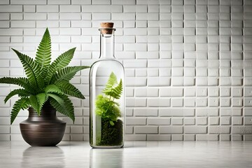Lush green ferns gracefully placed in clear glass bottles of different heights, forming an enchanting vertical garden against a white brick wall.
