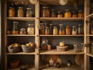Fototapeta na wymiar A cozy cottage-style pantry with wooden shelving filled with jars of home preserves and a variety of dry goods.