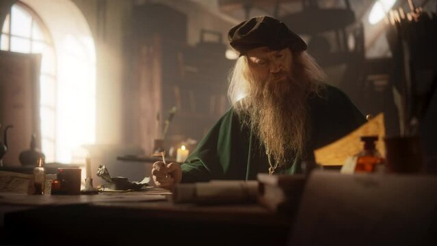 Dolly Movement: Representation of Historical Figure in Philosophy Writing his Next Book in his Study. Renaissance Scientist Creating the Next Invention that Would Change the Course of History