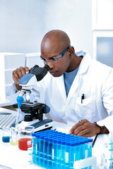 Scientist Looking Under Microscope. Scientific Lab, Experiment, Medic, Vaccine, Biotechnology...