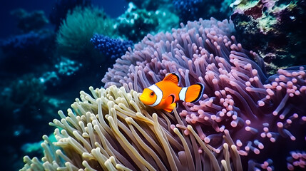 Plakat Nemo fish among coral reefs. Marine environment. AI generated