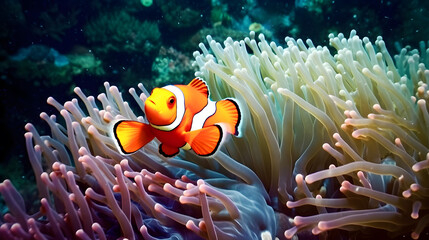 Naklejka na ściany i meble Nemo fish among coral reefs. Marine environment. AI generated