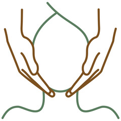 Two hands massaging another person head. Vector bicolor outline icon of the face massage isolated on transparent background. Simple green - brown sketch