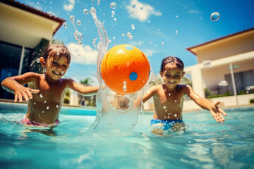 Generative AI illustration of cheerful kids in pants standing in pool while playing orange ball with splash of water and spending time in swimming pool