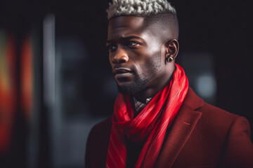 AI generated illustration of stylish black guy in trendy jacket and scarf looking away attentively in dark room