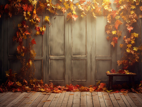 parete autunnale con texture foglie e zucche, parete digitale per manipolazione fotografica stagionale, muro grunge con folgie ideale per inserimento persone o prodotti, colori caldi autunnali