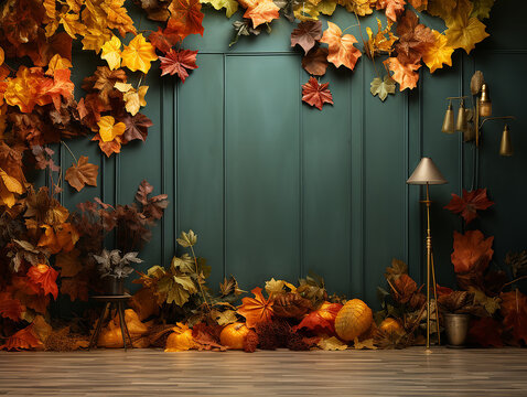 parete autunnale con texture foglie e zucche, parete digitale per manipolazione fotografica stagionale, muro grunge con folgie ideale per inserimento persone o prodotti, colori caldi autunnali