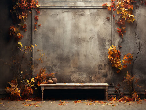 parete autunnale con texture foglie e zucche, parete digitale per manipolazione fotografica stagionale, muro grunge con folgie ideale per inserimento persone o prodotti, colori caldi autunnali
