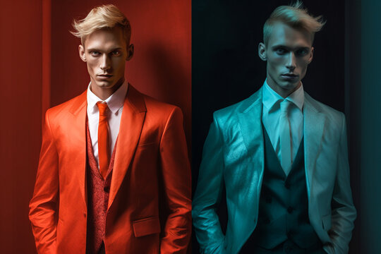 AI generated illustration of similar blond guys in elegant red and blue suits and ties looking at camera against two colored background