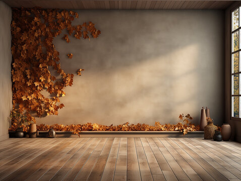 parete autunnale con texture foglie e zucche, parete digitale per manipolazione fotografica stagionale, muro grunge con folgie ideale per inserimento persone o prodotti, colori caldi autunnali