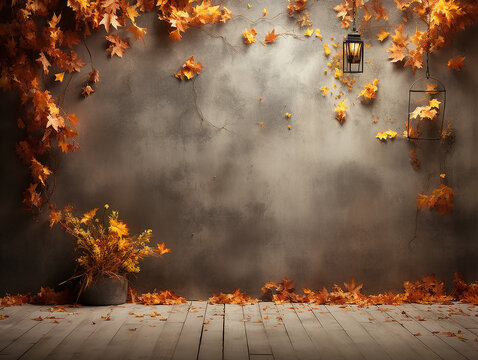 parete autunnale con texture foglie e zucche, parete digitale per manipolazione fotografica stagionale, muro grunge con folgie ideale per inserimento persone o prodotti, colori caldi autunnali