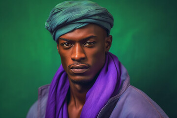 Generative AI illustration of handsome black in trendy turban and purple clothes on green background