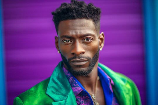 Generative AI illustration of stylish black man in trendy blue shirt and green jacket on purple background