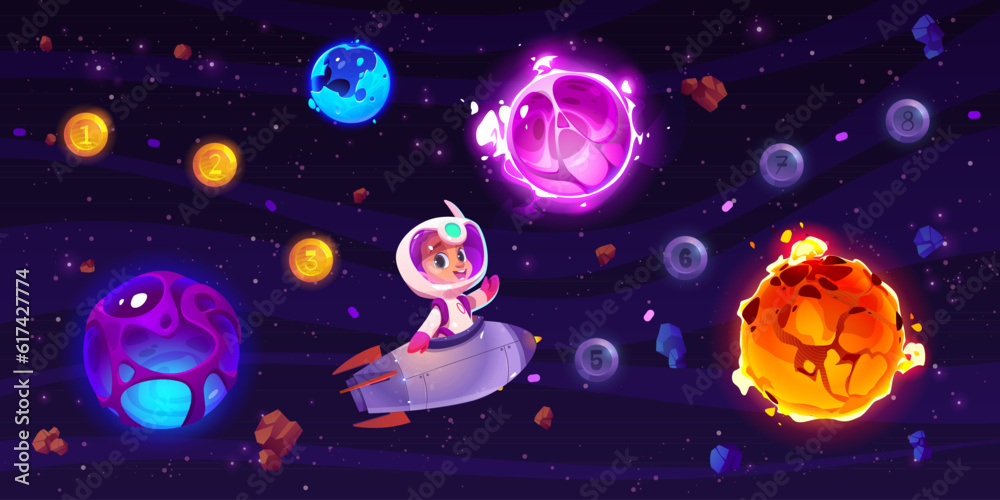 Poster level map with kid astronaut on rocket in space background illustration. progress bar with boy child