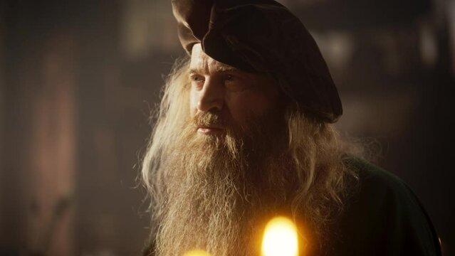 Close Up Portrait of a Traditional Storyteller Thinking and Writing on his Desk with Glowing Candle Light. Historical Figure Feeling Inspired, Creating Poetry, Writing a Letter to a Friend