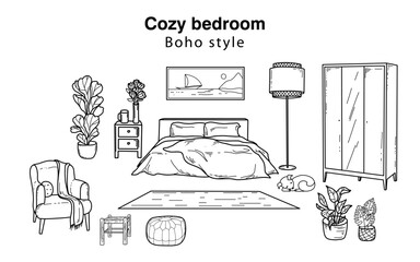 Doodle sketch hand-drawn room. Cozy bedroom in the style of Hugge. Black and white linear image.
