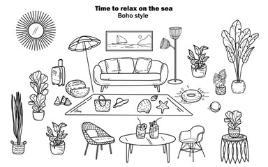 Hand drawn doodle style, beach theme, funny interior, living room with sofa and umbrella, dreams of vacation at sea with a cocktail.