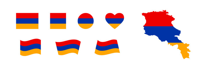 Armenia flag set and county map. Republic of Armenia national icon symbols. Isolated vector illustration