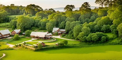 Gordijnen Photo of a modern villa nestled in a lush green landscape with a beautiful walkway © Usman