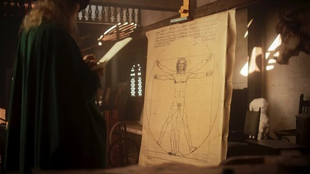 The Blend of Art and Science: Documentary Shot of Leonardo Da Vinci Working on his Famous Piece of the Vitruvian Man in his Workshop. Historical Moment Depiction of Talent and Brilliance. Zoom in