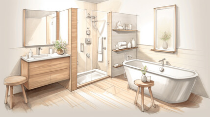 Obraz na płótnie Canvas Sketch of a Bath bathroom with windows towards garden created with ai generative tools