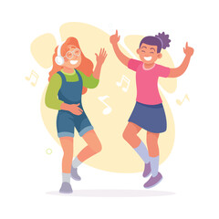Young Girls Dancing to Music Moving Body Vector Illustration
