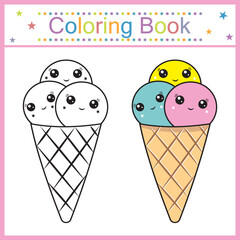 Coloring book for kids ice cream kawaii, isolated contour illustration