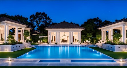 Fototapeta na wymiar Photo of a Modern Villa's Large Swimming Pool with White Pillars and Walkway