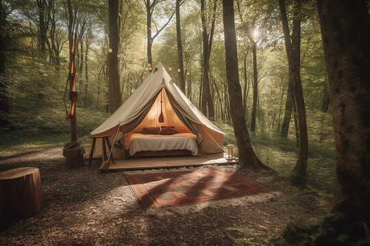 Generative AI illustration of cozy glamping tent with bed placed near carpet in green forest on sunny summer day