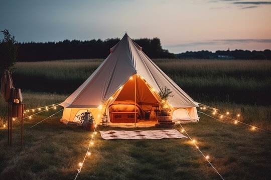 Generative AI illustration of camping tent with shiny garland placed on green meadow in evening in nature
