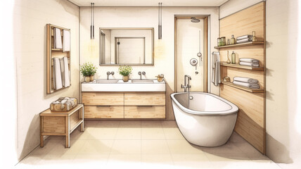 Naklejka na ściany i meble Sketch of a Bath bathroom with windows towards garden created with ai generative tools