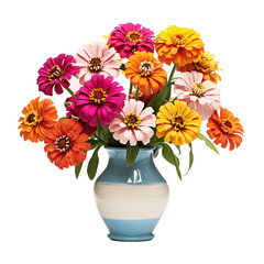 Zinnias in a ceramic pot isolated on transparent background