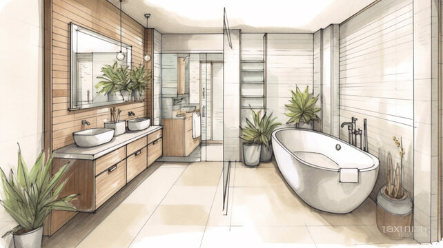 Sketch of a Bath bathroom with windows towards garden created with ai generative tools