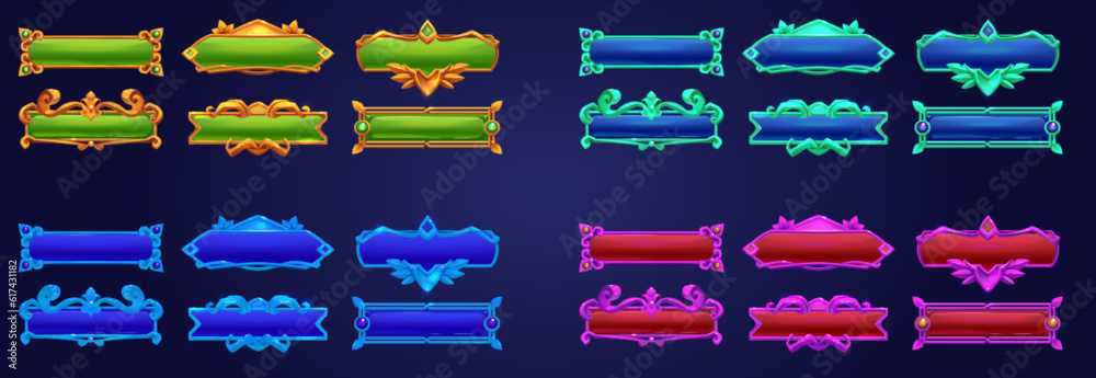 Poster game button gold frame ui cartoon fantasy design. fantasy banner element for rpg menu interface in p