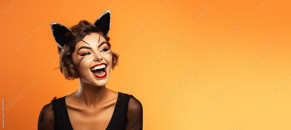 Wall mural Woman Dressed as a Sexy Cat for Halloween on an Orange Banner with Space for Copy