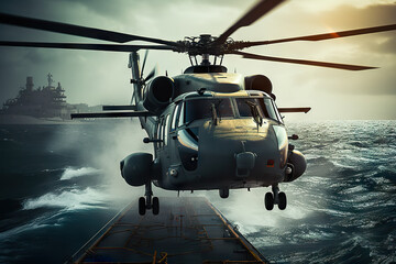 Navy Helicopter Touchdown Powerful Landing on a Warship. created with Generative AI