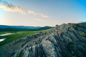 Wonderful view on mountain at sunset. Baikal mountain, Primorsky range near Onguren, travel in Siberia, scenery