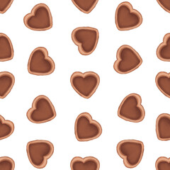 Watercolor chocolate heart shaped cookie seamless pattern. Watercolor cookie illustration.
