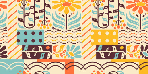 Fototapeta na wymiar Modern minimalist flower wallpaper in Bauhaus style. Folk patchwork geometric background. Abstract geometry, Bauhaus swiss. Stylized daisies, minimal shapes, ornamental forms