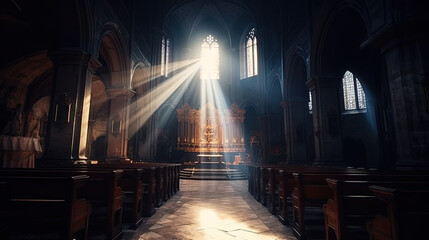 sunlight enters through a window in a church. sunbeams shine down from above. Generative AI