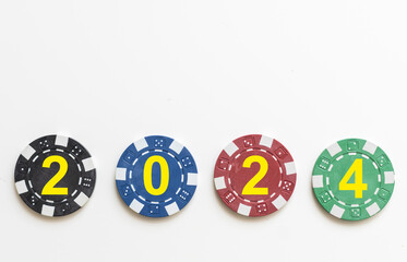 United States presidential election 2024. Wooden cubes with the letters 2024 on the American flag background. Politics and voting conceptual