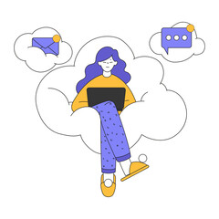 Young Woman Character Working at Laptop Sitting on Cloud in the Sky Vector Illustration