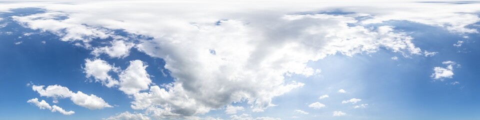 Fototapeta premium Blue summer sky panorama with Cumulus clouds. Seamless hdr spherical 360 panorama. Zenith or sky dome in 3D visualization, sky replacement for aerial drone 360 panoramas. Weather and climate change