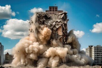 Building demolition by controlled implosion. Generative ai image.