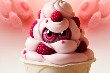 raspberry fruit ice cream with big fun eyes and smile, generative ai